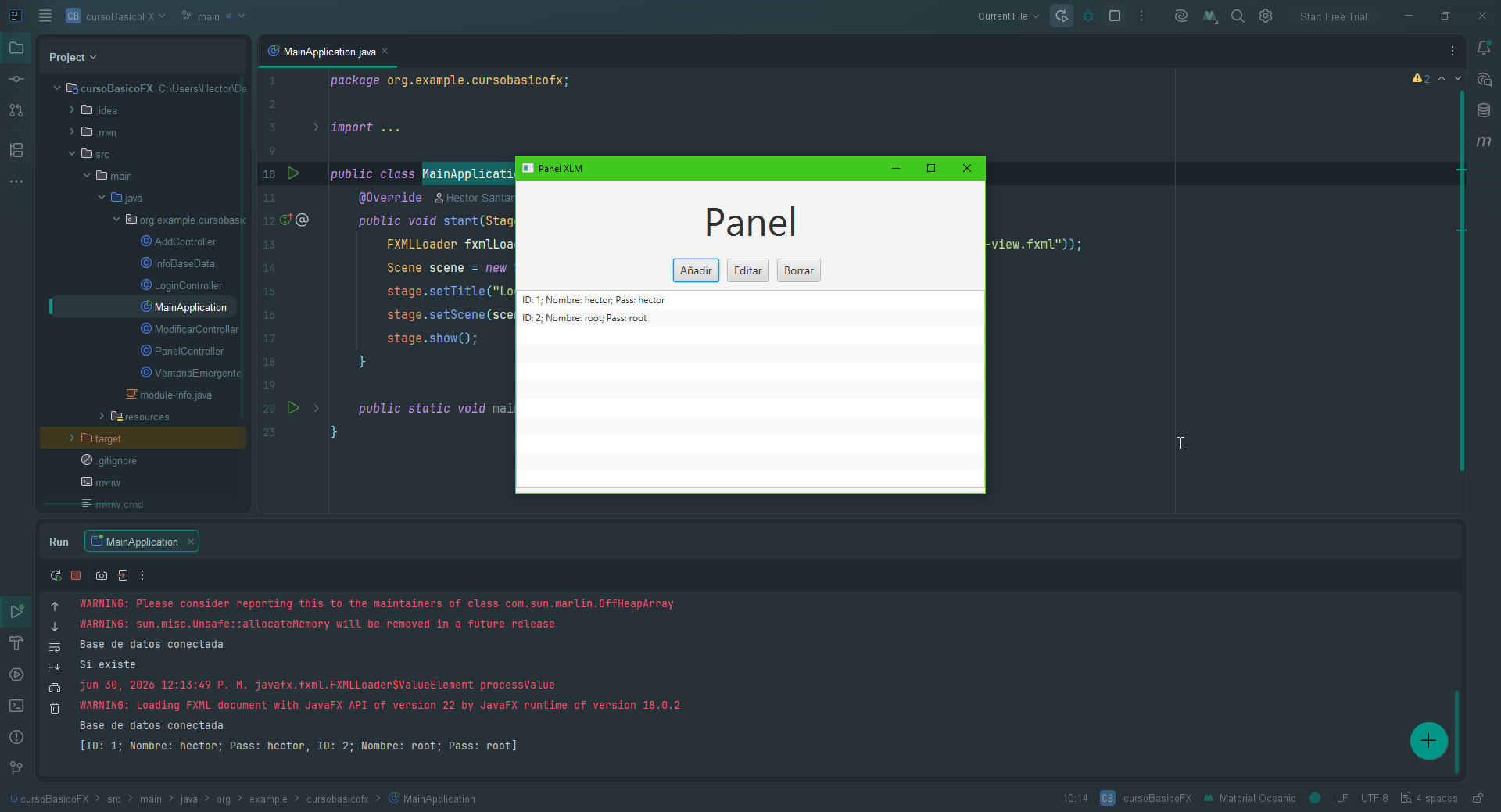Pantalla de listado de cursos básicos en JavaFX.