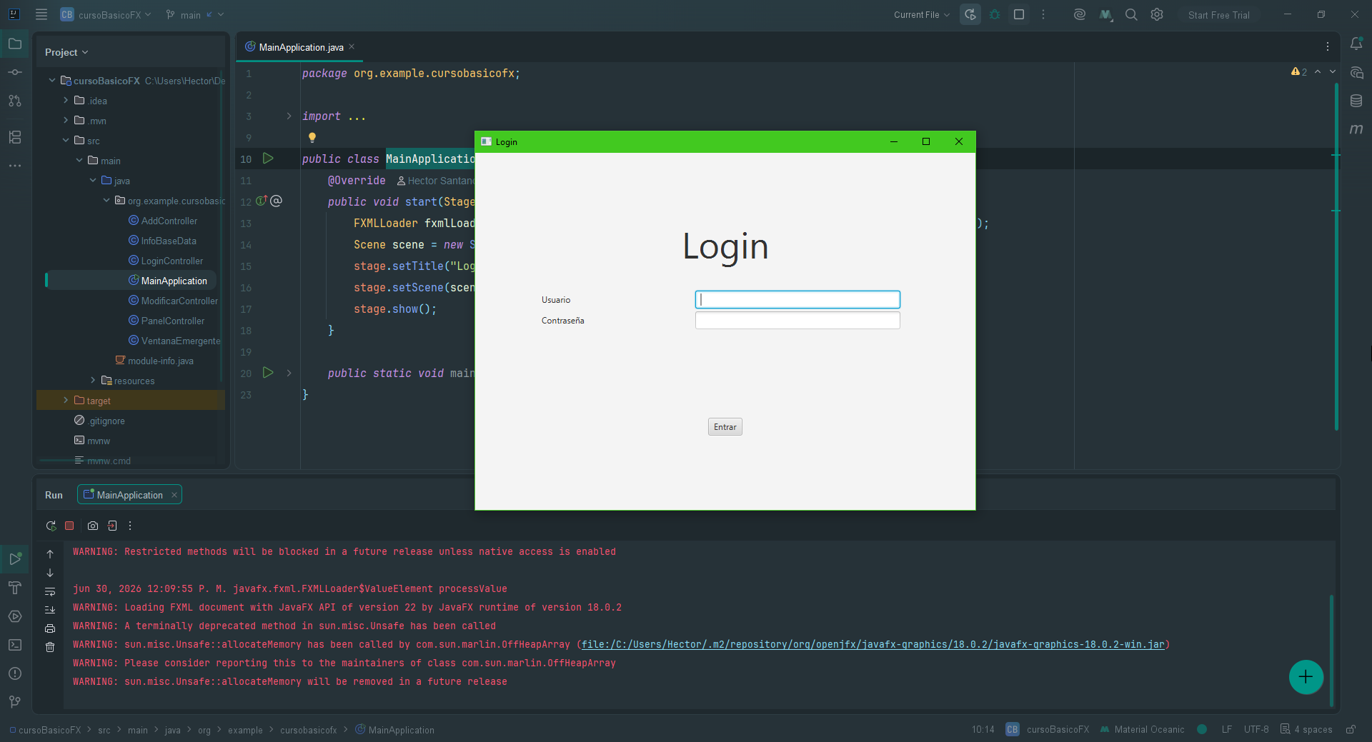 Pantalla de inicio de sesión en la aplicación JavaFX.