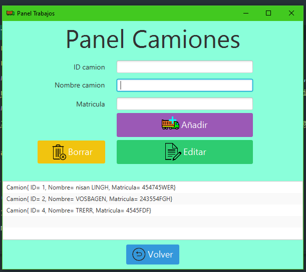 Pantalla de gestión de camiones en la práctica 4 con Hibernate.