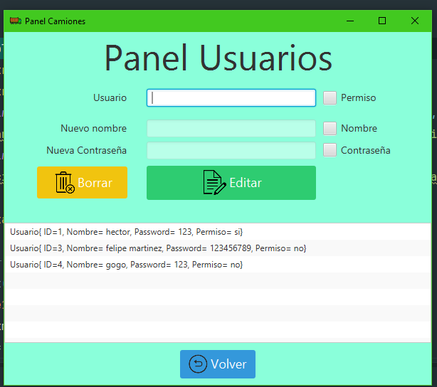 Pantalla de edición de camiones en la práctica 4 con Hibernate.