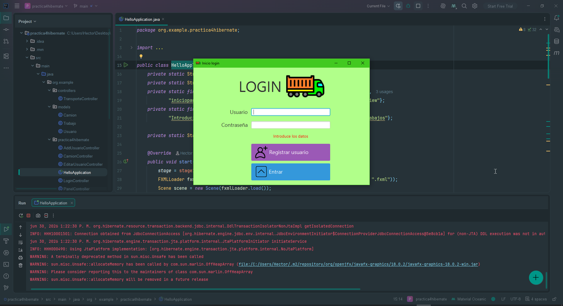 Pantalla de inicio de la práctica 4 con Hibernate.