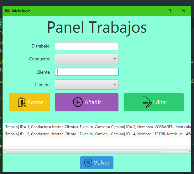 Pantalla de gestión de trabajos en la práctica 4 con Hibernate mostrando los trabajos asignados a los camiones.