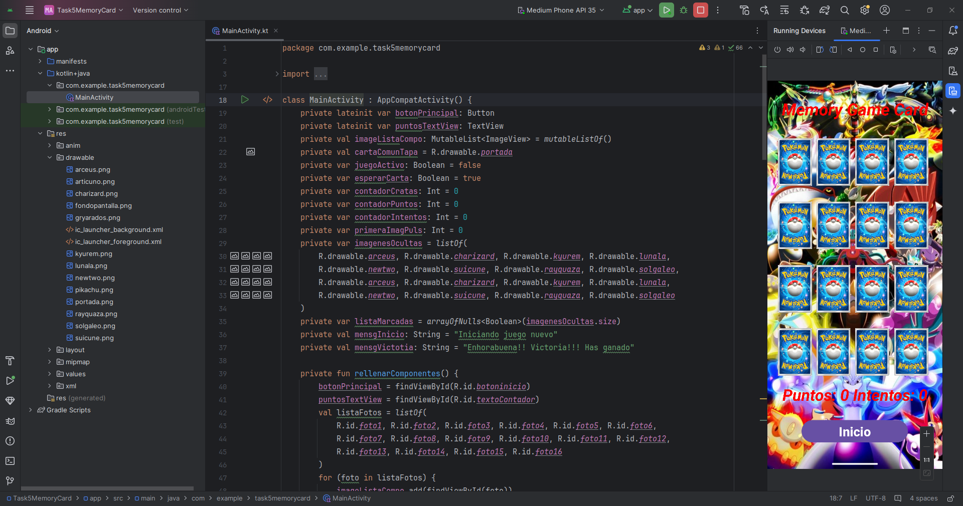 Pantalla del código en Kotlin que controla el comportamiento de la aplicación.