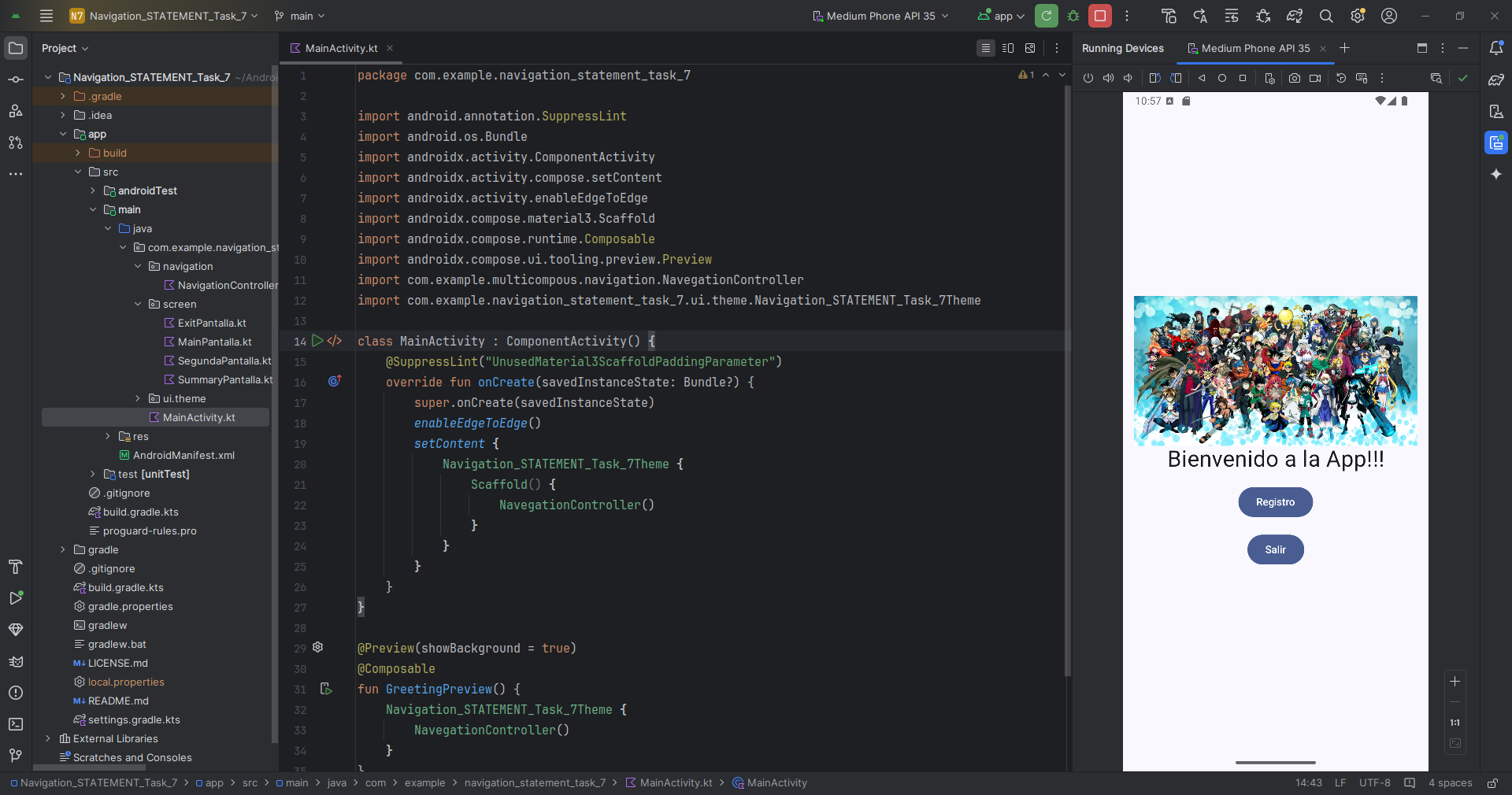 Pantalla del código en Kotlin que maneja la interacción del usuario durante la navegación entre pantallas.