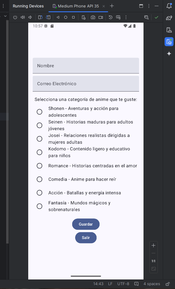 Ejemplo de formulario para ingresar datos para tratarlos en otras pantallas.