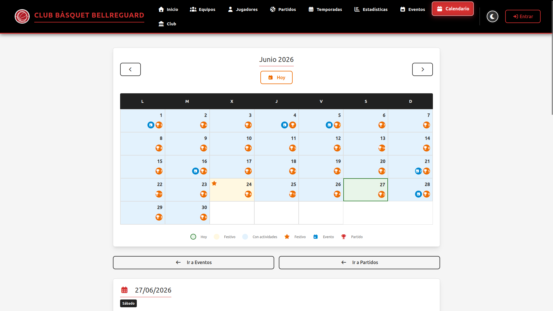 Vista mensual del calendario de actividades, eventos y partidos.