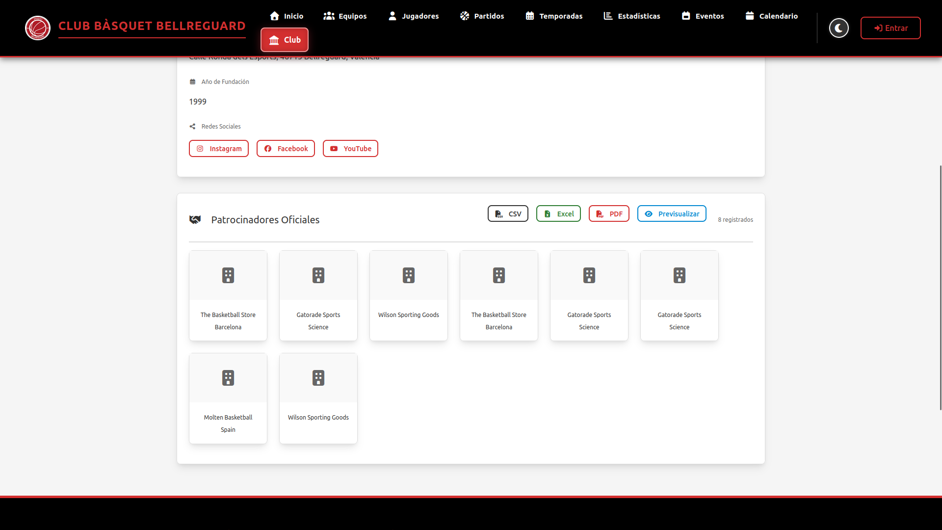 Panel de visualización y gestión de los patrocinadores oficiales del club.