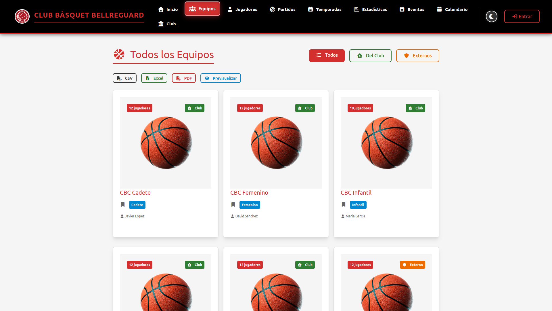 Vista general con las tarjetas de todos los equipos del club.