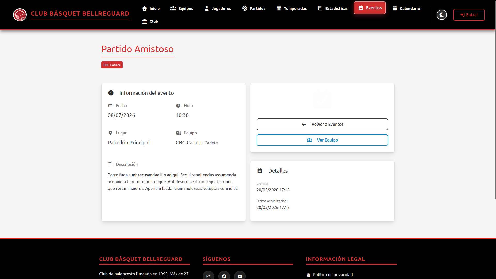 Vista detallada de la información, fecha, hora y descripción de un evento o partido amistoso específico.