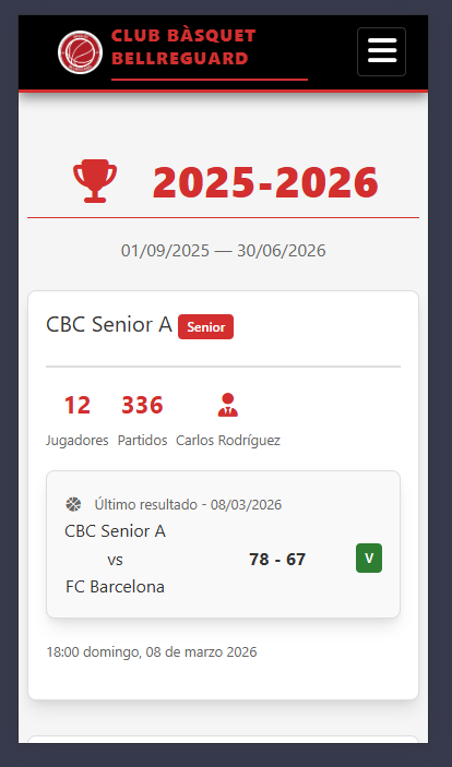Sección de la temporada 2025-2026 adaptada a dispositivos móviles que muestra las tarjetas de resultados por equipos.