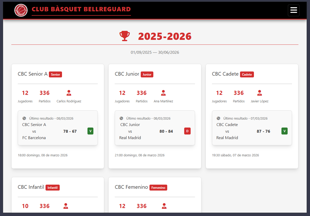Vista general de la cuadrícula de equipos y resultados de la temporada diseñada para pantallas de tablet.