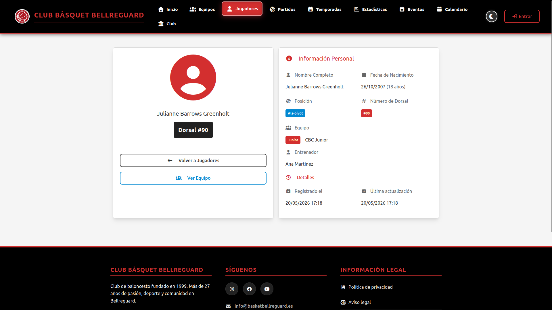 Ficha técnica individual con la información personal, posición y estadísticas del jugador.