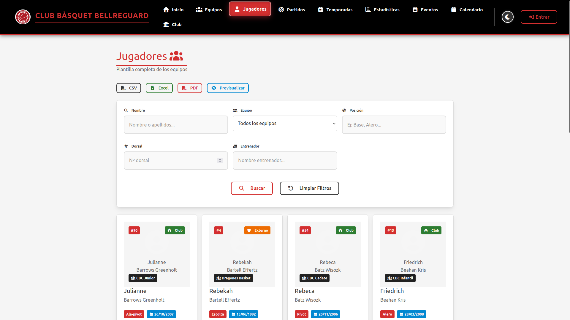 Buscador avanzado con filtros y tarjetas de la plantilla completa de jugadores del club.