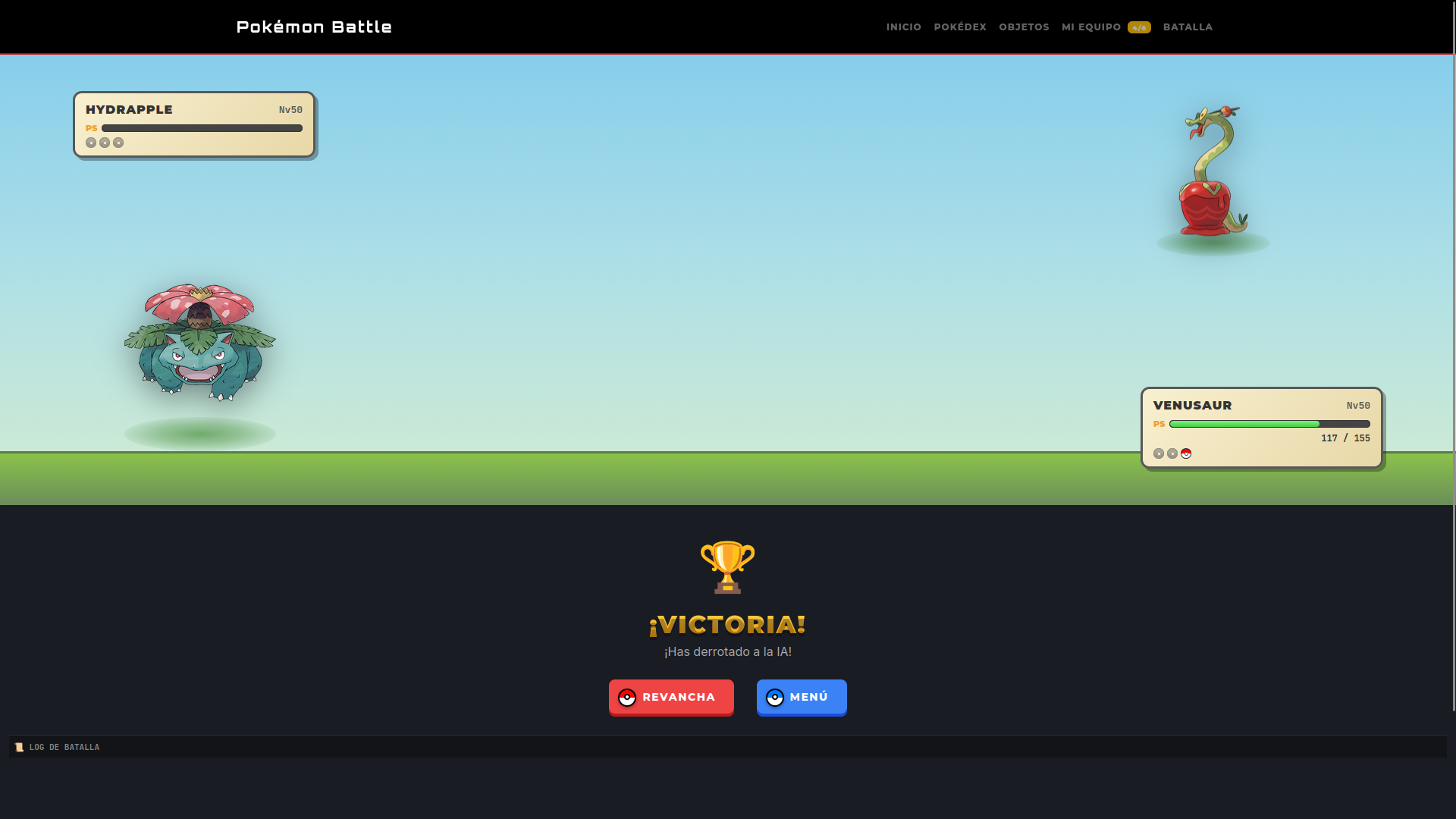 Resultado final del combate mostrando el ganador y las estadísticas del enfrentamiento.