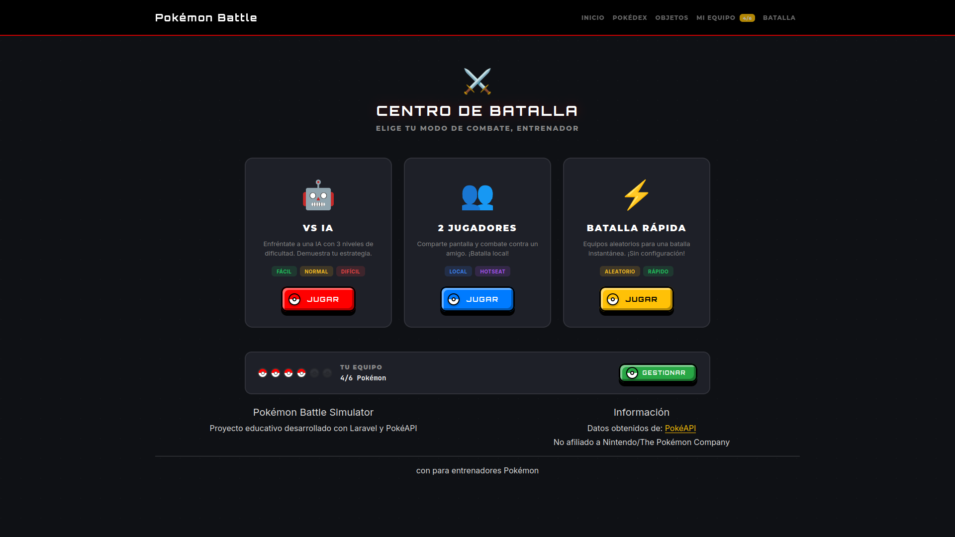 Interfaz donde el jugador elige entre diferentes tipos de batallas, incluyendo torneos y combates amistosos.