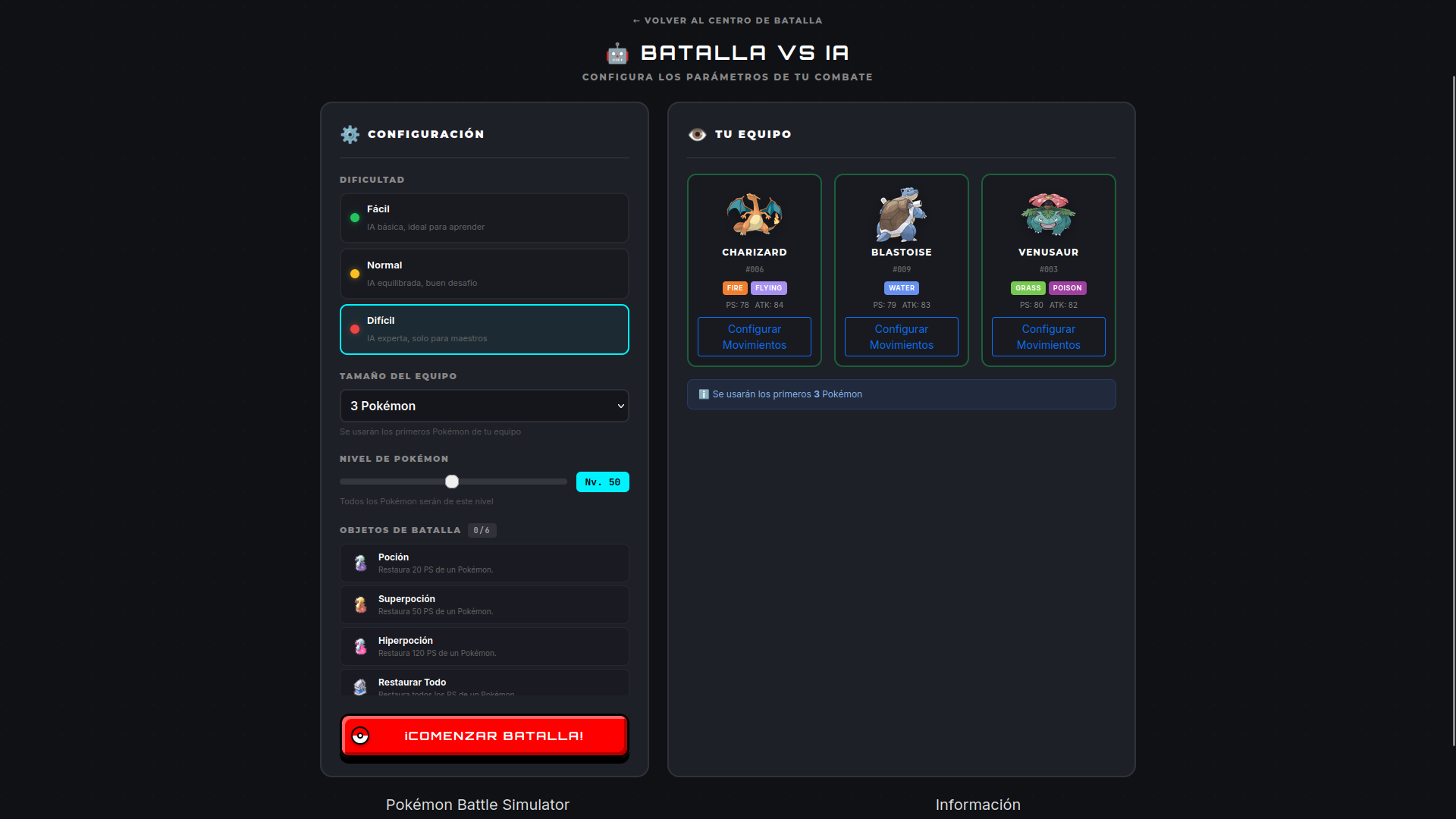Botón de acceso directo a la sección de batalla, permitiendo al jugador iniciar un combate rápidamente.