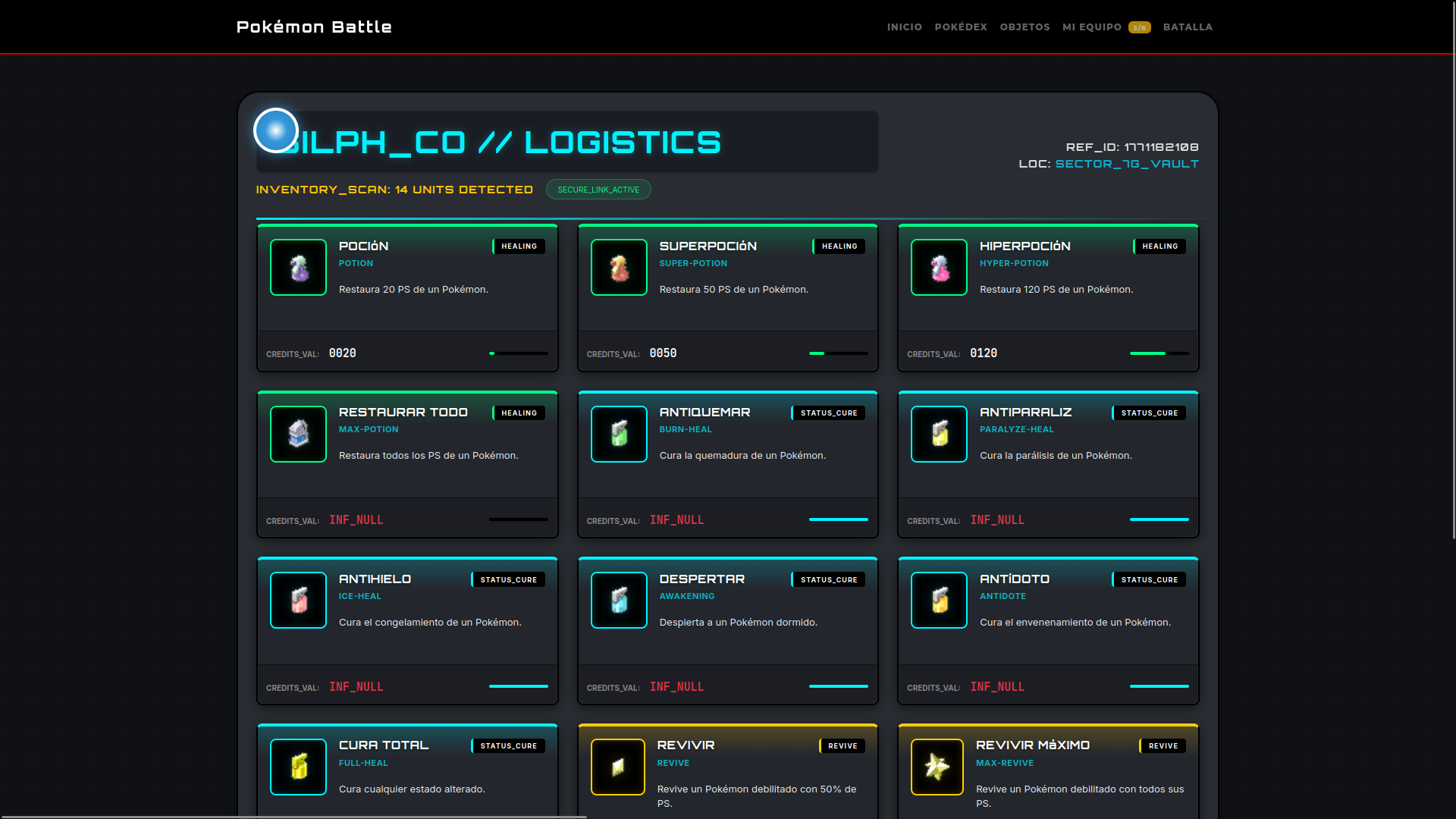 Inventario de objetos disponibles para usar durante la batalla, incluyendo pociones y bayas.