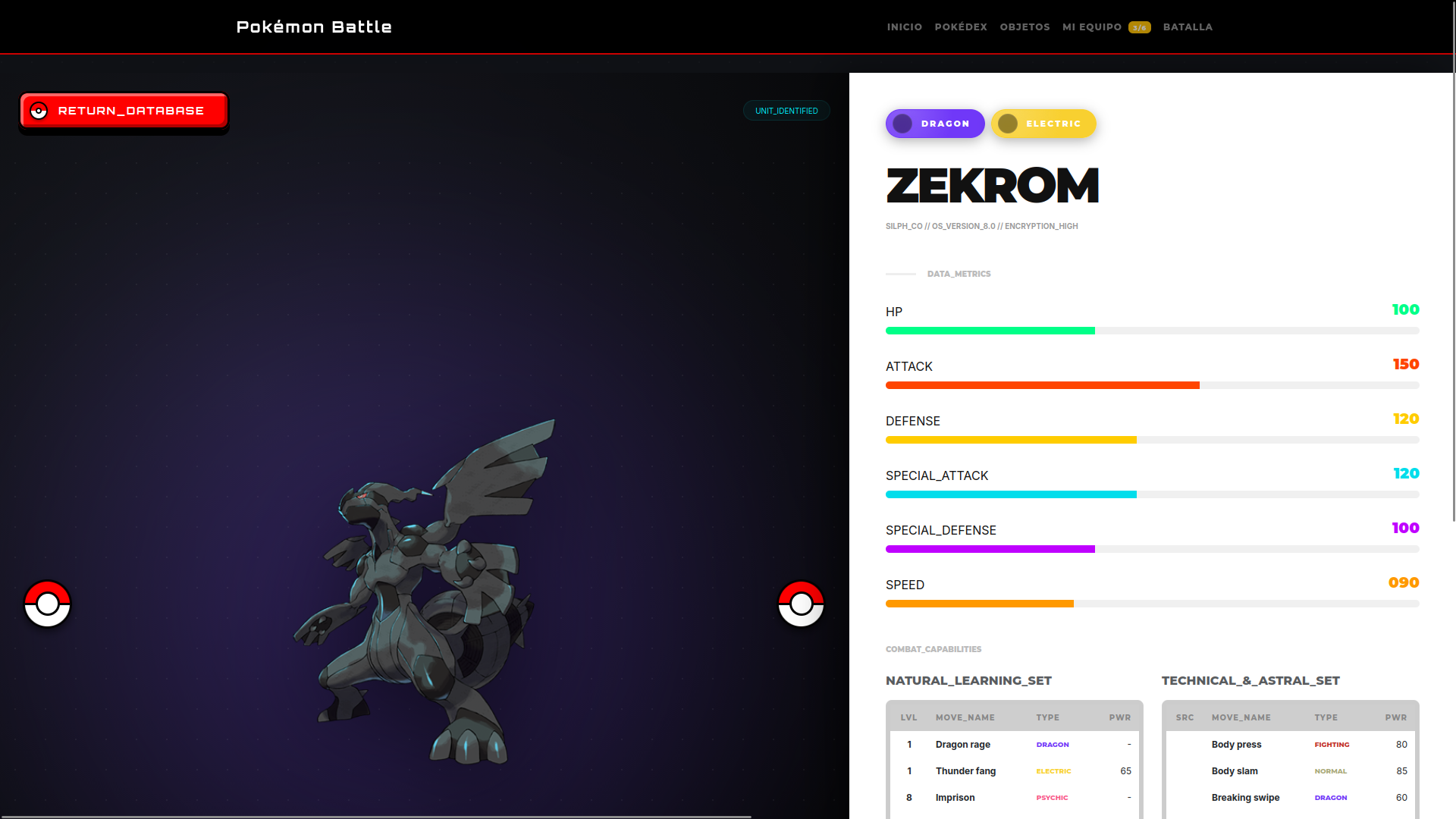 Detalle de un Pokémon seleccionado mostrando su información completa, estadísticas y movimientos.