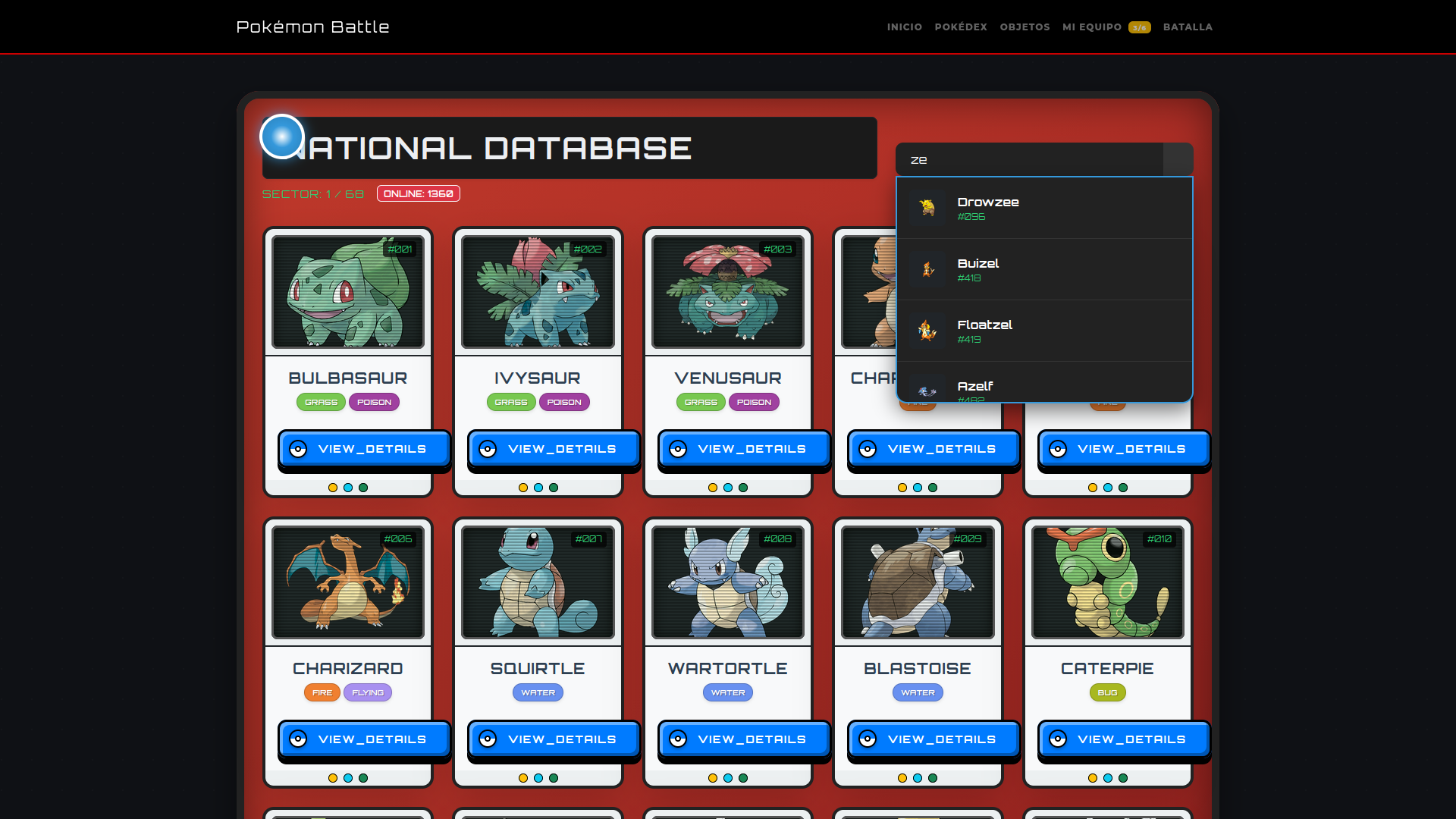 Función de búsqueda en la Pokédex permitiendo al usuario encontrar Pokémon por nombre o número.