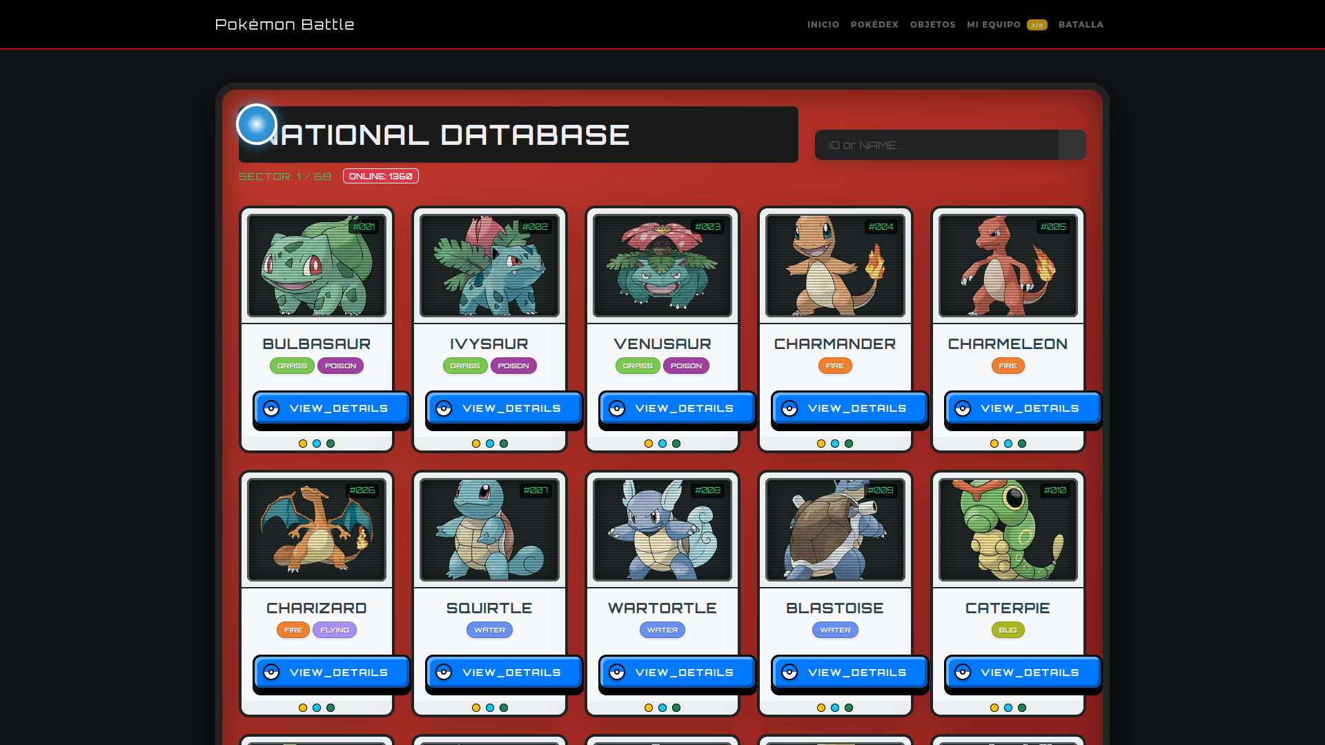 Pantalla principal de la Pokédex mostrando una lista de todos los Pokémon disponibles en el simulador.